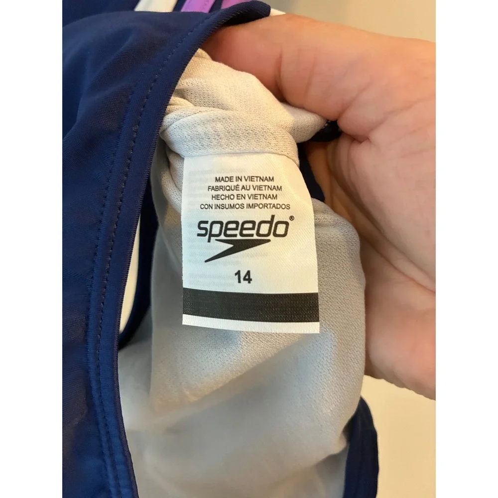 Speedo Girls Size 14 One Piece Swimsuit Navy Purple White Colorblock Racerback